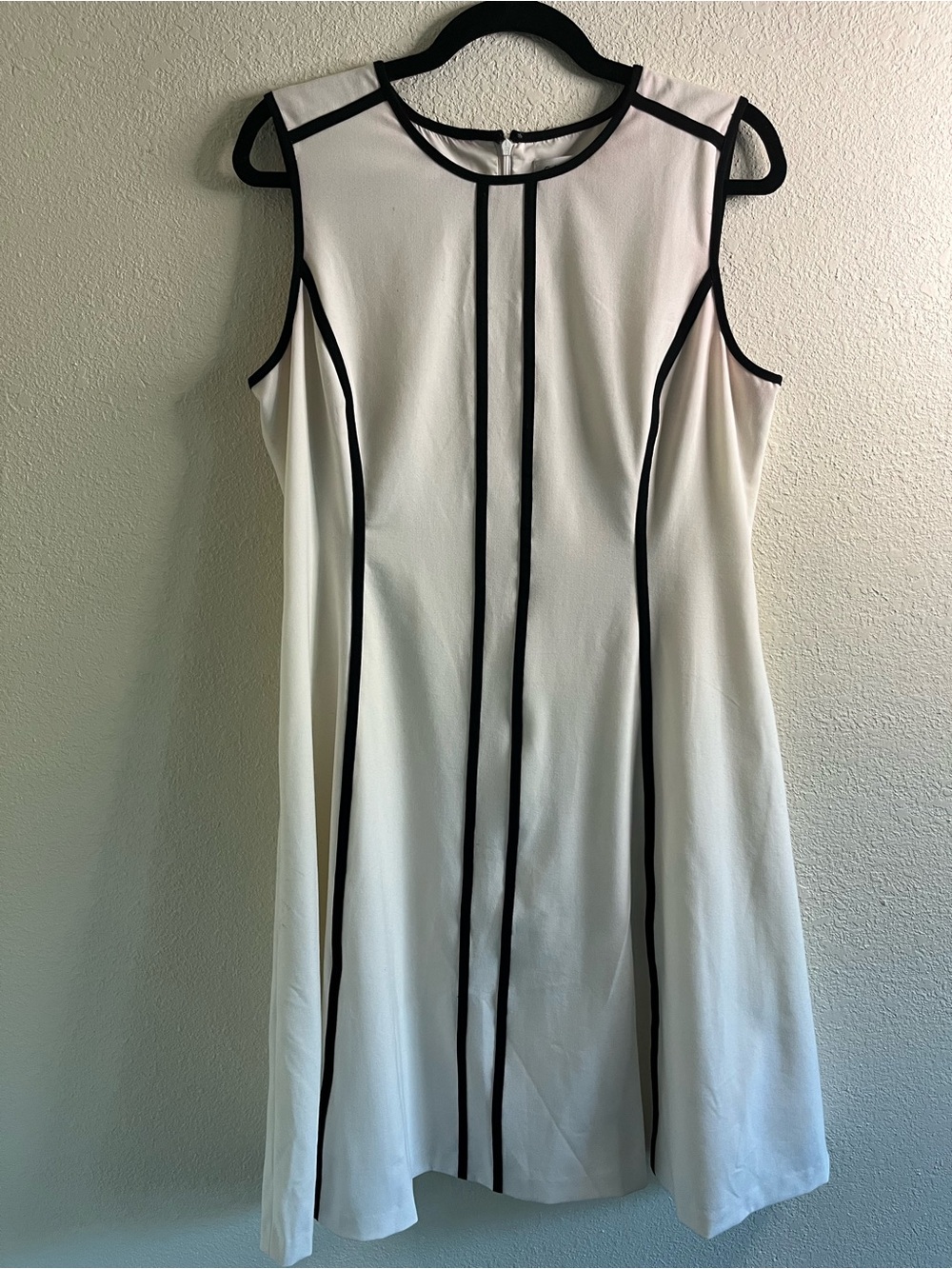 Calvin Klein White Sleeveless A-Line Dress with Black Piping